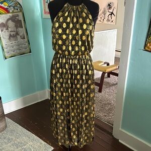 Sunday in Brooklyn, Long, gold black polkadot elastic waist cocktail dress M